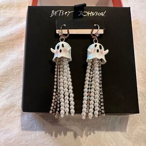 Betsey Johnson Ghost Pierced Earrings Sparkly Rhinestones Dangly